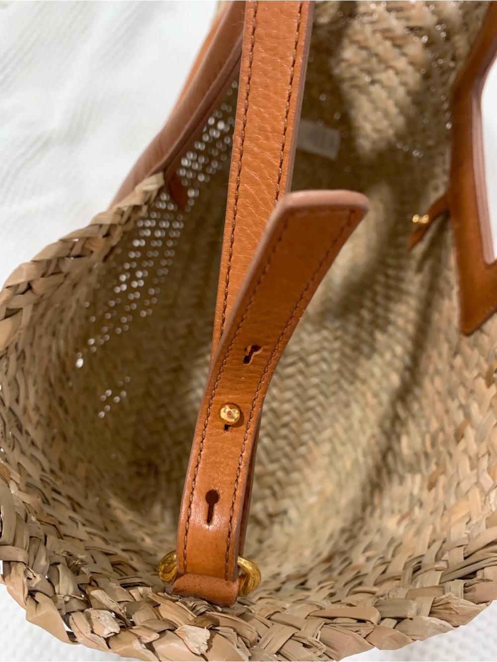 Woven Straw Tote Bag with Tan Leather Trim - Picture 4 of 10